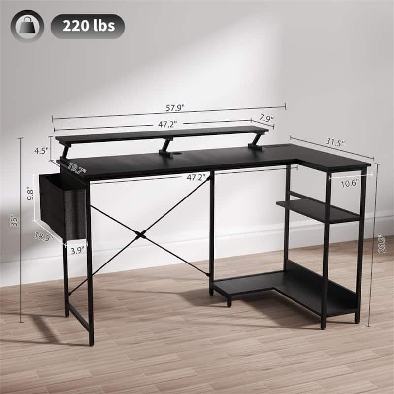 L Shaped Gaming Desk with RGB LED Lights Power Outlets USB Charging Ports Monitor Stand and Storage Shelves Reversible