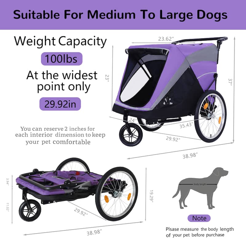 2-in-1 Pet Bike Trailer & Push Cart - 100LB Dog Carrier with Quick Release Wheels, Storage Bag & Safety Leash