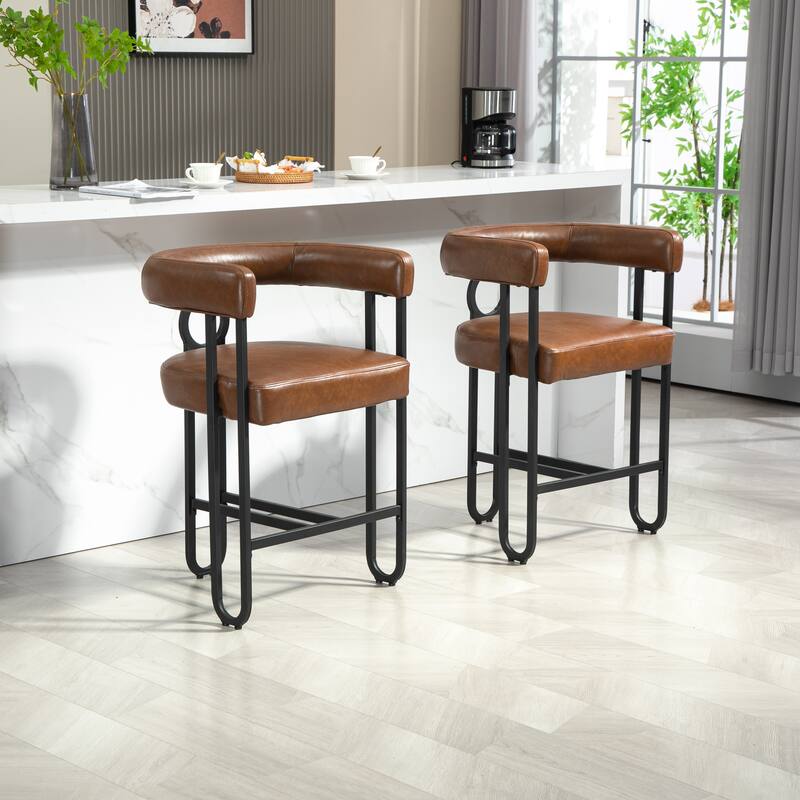 Bar Stools Set of 2, Upholstered Counter Height Stools with Back, Kitchen Island Chairs with Footrest and Metal Frame - Light Brown