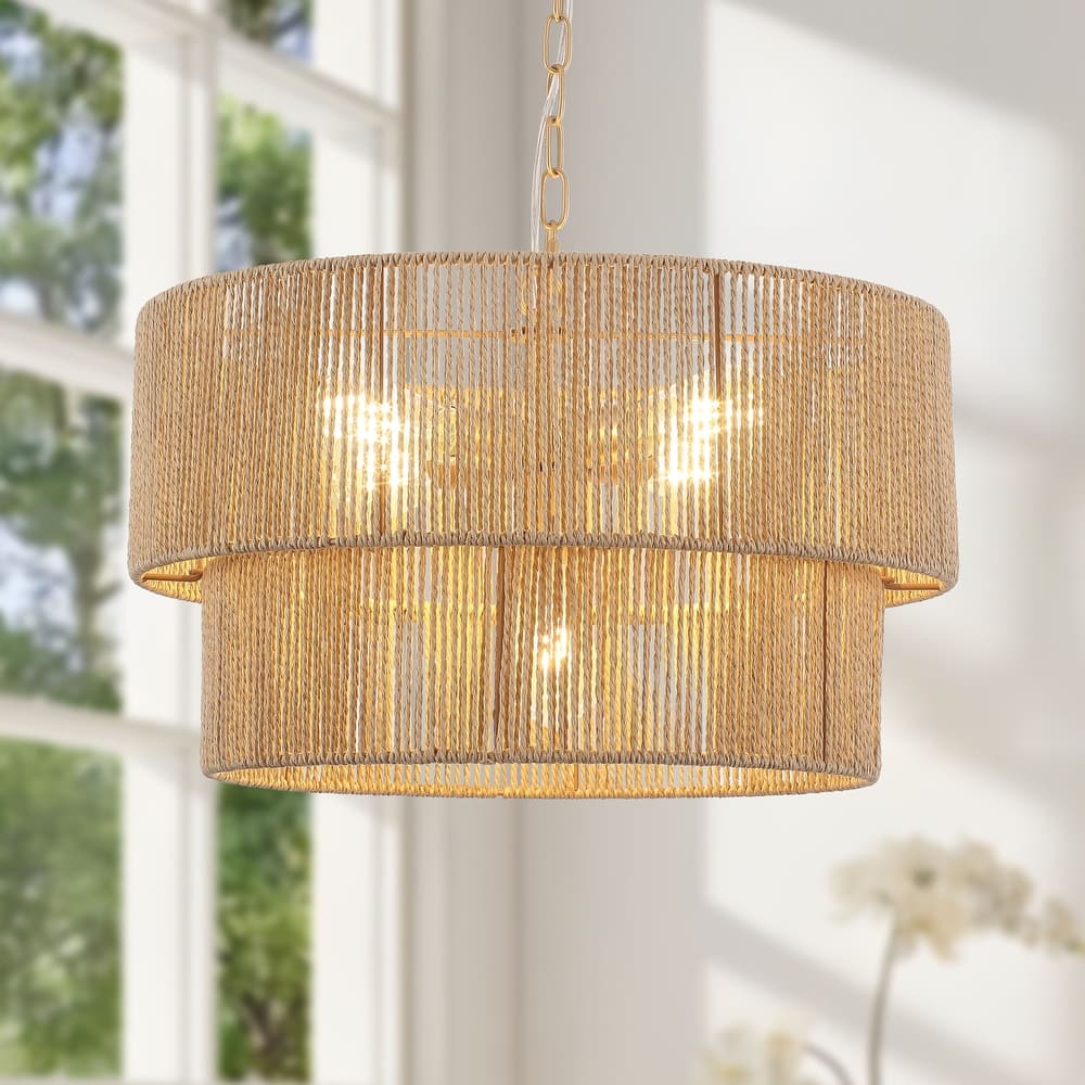 Starsky 5-Light 21in. Rattan Boho Tiered Drum Hand Woven Chandelier with Natural Rope Paper Shade