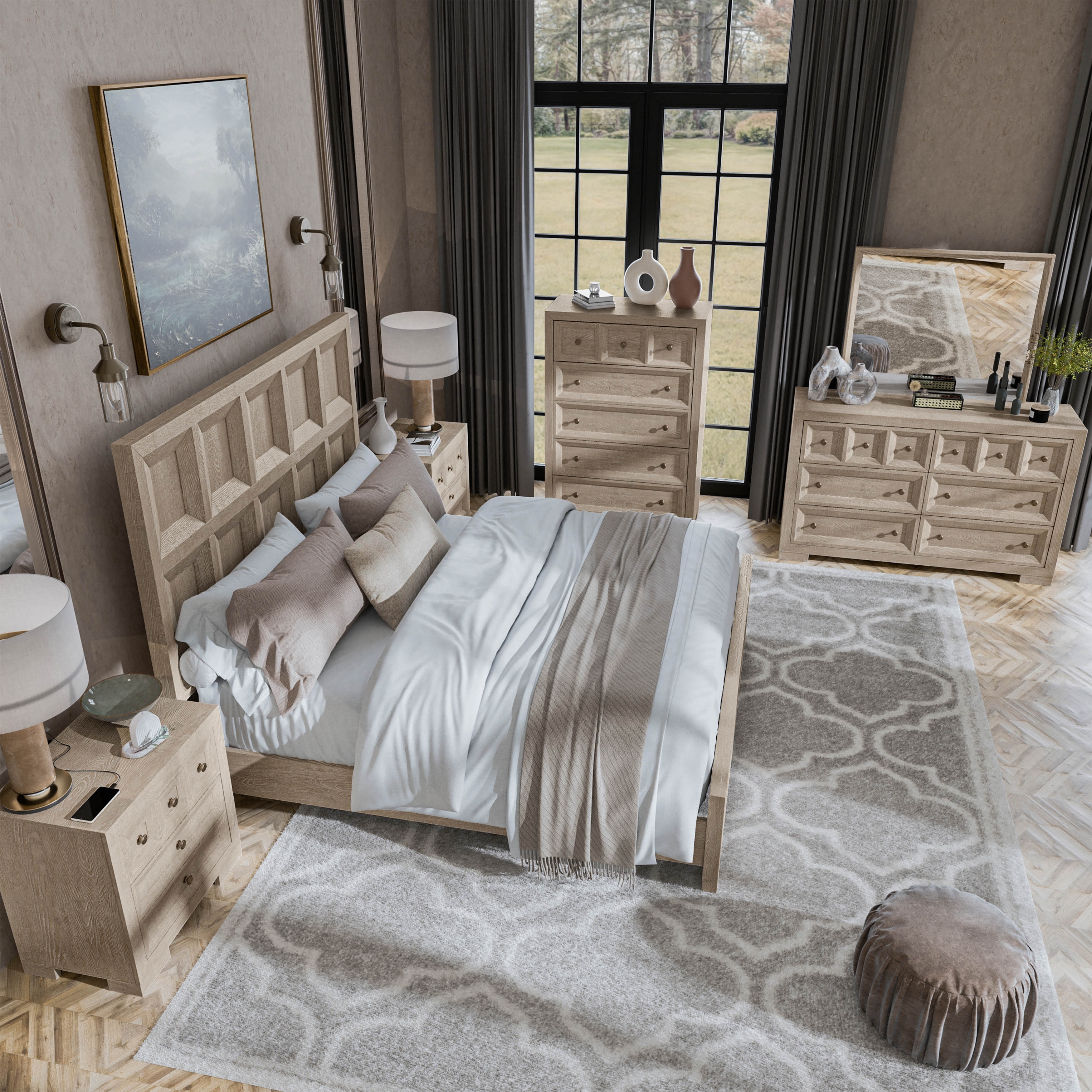 Furniture of America Durem Modern Classic 6-Piece Solid Wood Panel Bedroom Set with 3-Drawer Nightstand