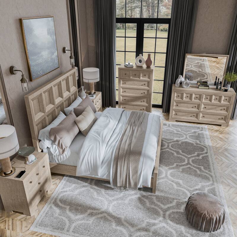 Furniture of America Durem Modern Classic 6-Piece Solid Wood Panel Bedroom Set with 3-Drawer Nightstand - Tawny - King