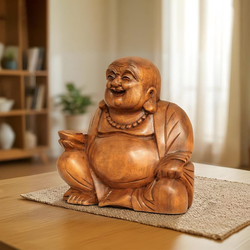 Wooden Laughing Happy Buddha Statue Hand Carved Smiling Sitting Sculpture Handmade Figurine Decorative Home Decor Handcrafted