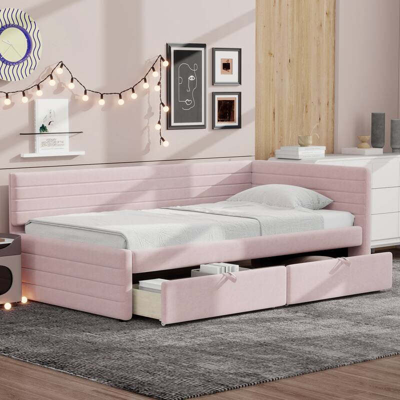 Twin Size Upholstered Daybed with Roll-Out Trundle, Space-Saving Wooden Frame, No Box Spring Needed - Pink with 2 Drawers