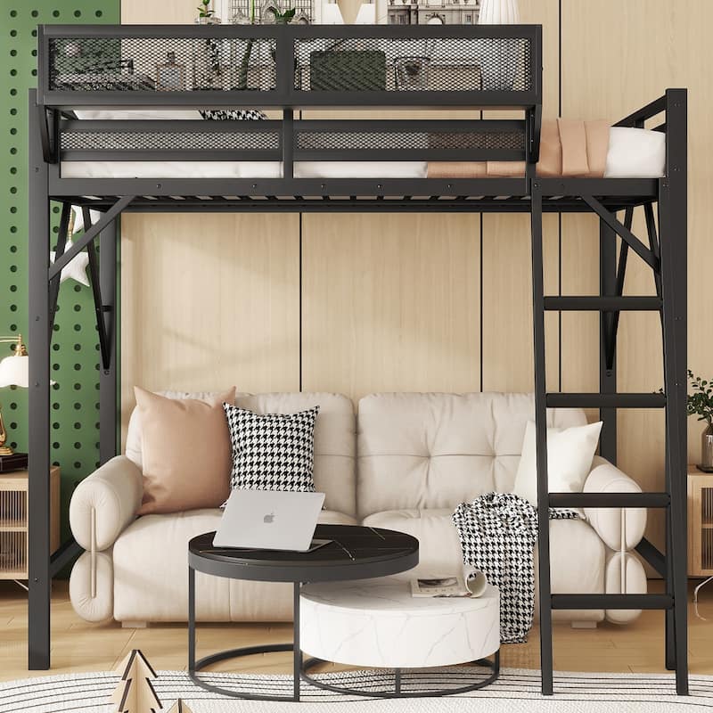 Metal Loft Bed Frame with Storage Shelves for Upper, Loft Bed with Ladder, High Loft Bed for Kids Teens