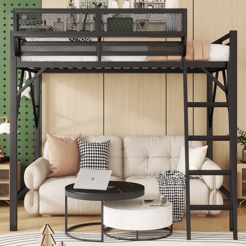Queen Size Loft Bed with Ladder, Metal Queen Loft Bed with Storage Shelves, High Loft Bed for Kids Teens