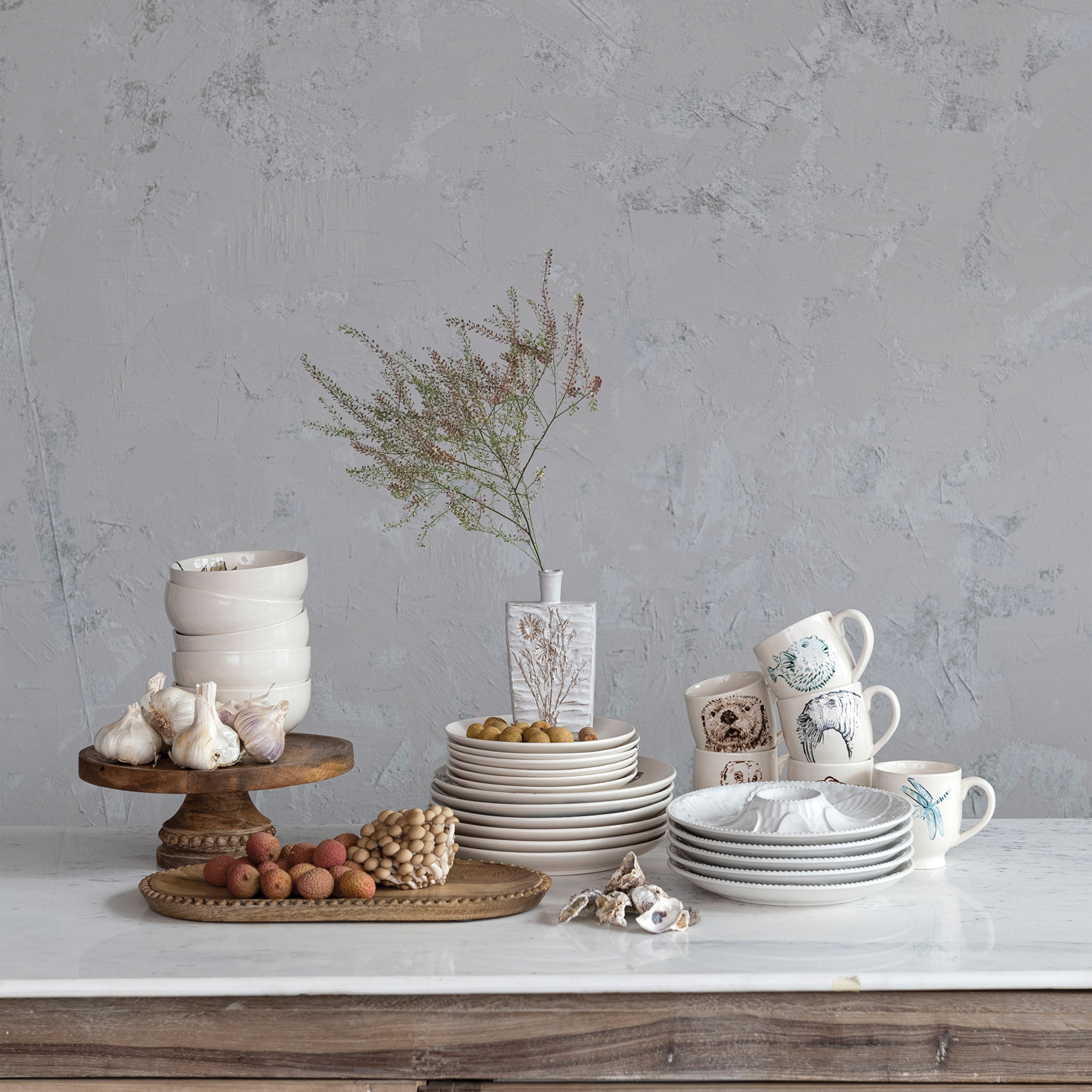 Creative Co Op 8.25 Inches Round Stoneware Dinnerware Set with Sea Animal Designs Cream Set of 6 Plates