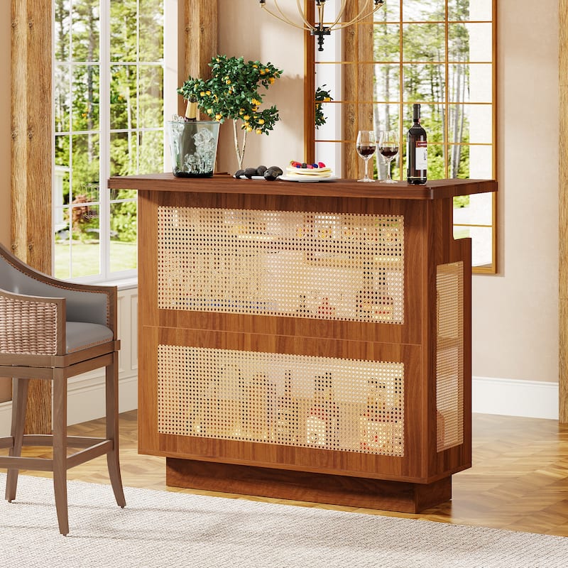 Rattan Home Bar Unit, Farmhouse 4-Tier Bar Table with 4 Stemware Racks