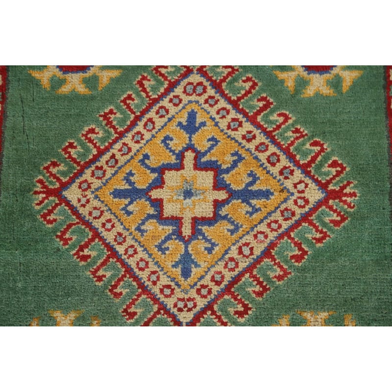Green Kazak Runner Rug Hand-Knotted Geometric Wool Carpet - 2'7" x 16'2"