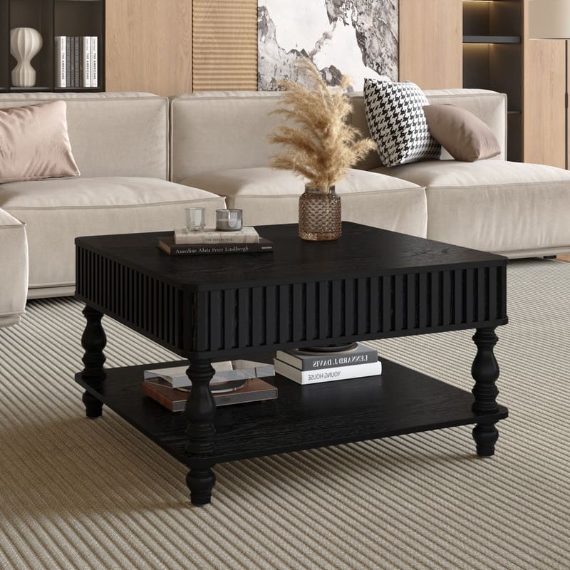 Fluted 31.5" Square Lift-Top Coffee Table with Hydraulic Mechanism for Hidden and Open Storage Solutions - Black