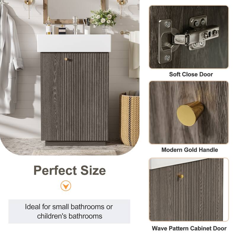 GDFStudio - Malisa Rustic 21.6" Freestanding Wood Grain Cabinet Bathroom Vanity with Ceramic Sink, Door & Storage