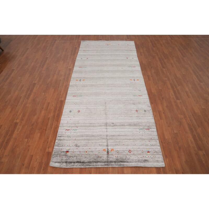 Hand Knotted Oriental Viscose Silk Carpet Tribal Animal Pictorial Greys & Charcoal Gabbeh Area Rug - 11' 8'' X 5' 0''