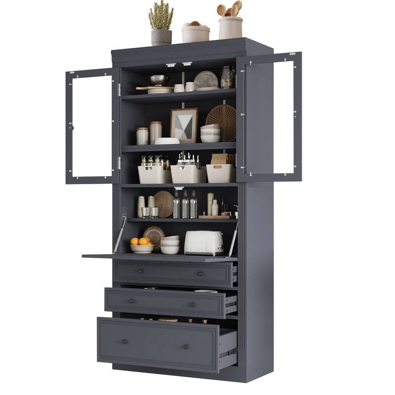 Freestanding 78" Tall Kitchen Pantry Storage Cabinet with Drop-Down Surface and Adjustable Shelves,Power Outlet for Organization