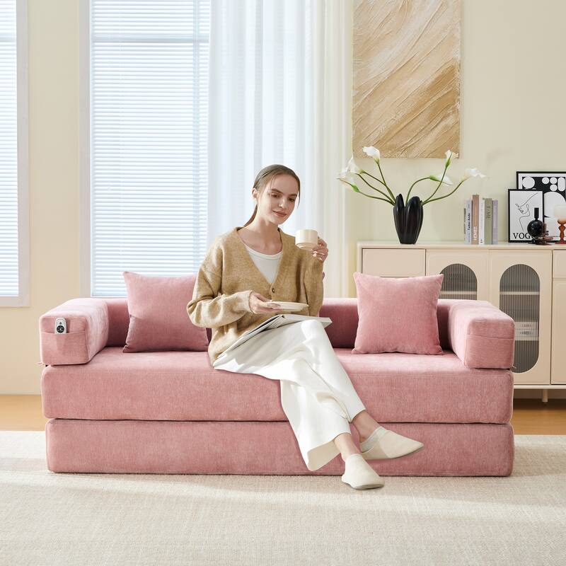 GALDWIN Chenille Upholstered Convertible Folding Sofa Bed with Pillows for Living Room - Pink