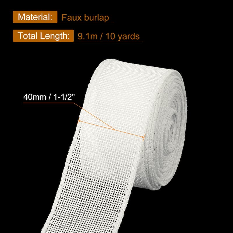 Burlap Wired Ribbon, 10 Yards Fabric Ribbon Roll - White - 1.5"