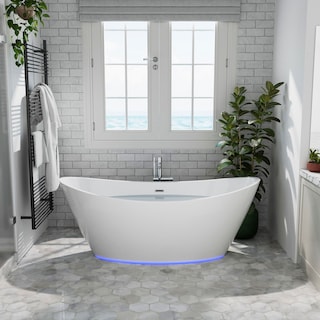 67" x 30" Freestanding Hourglass Soaking Acryic Lights Bathtub in White with Brushed Nickel Overflow and Drain
