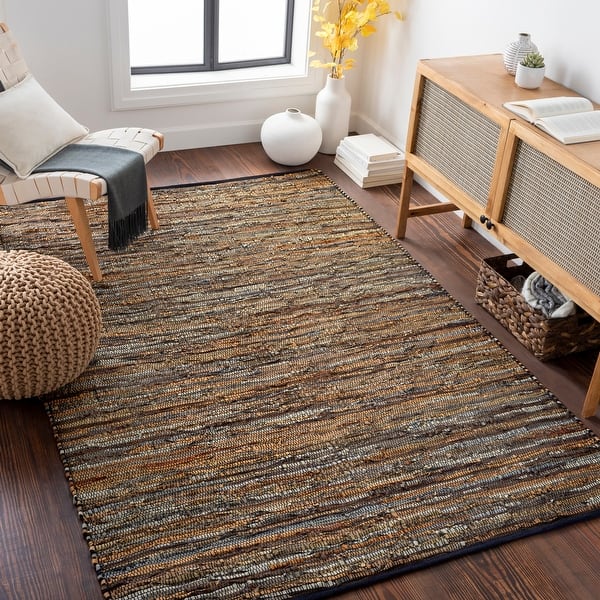 slide 2 of 4, Hand Woven Balbach Leather/Cotton Area Rug - 5' x 7'6" 5' x 7'6" - Brown/Grey