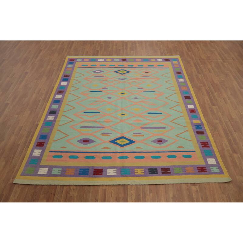 Hand Woven Oriental 100% Wool Carpet Southwestern Tribal Green Kilim Area Rug - 10' 7'' X 8' 5''