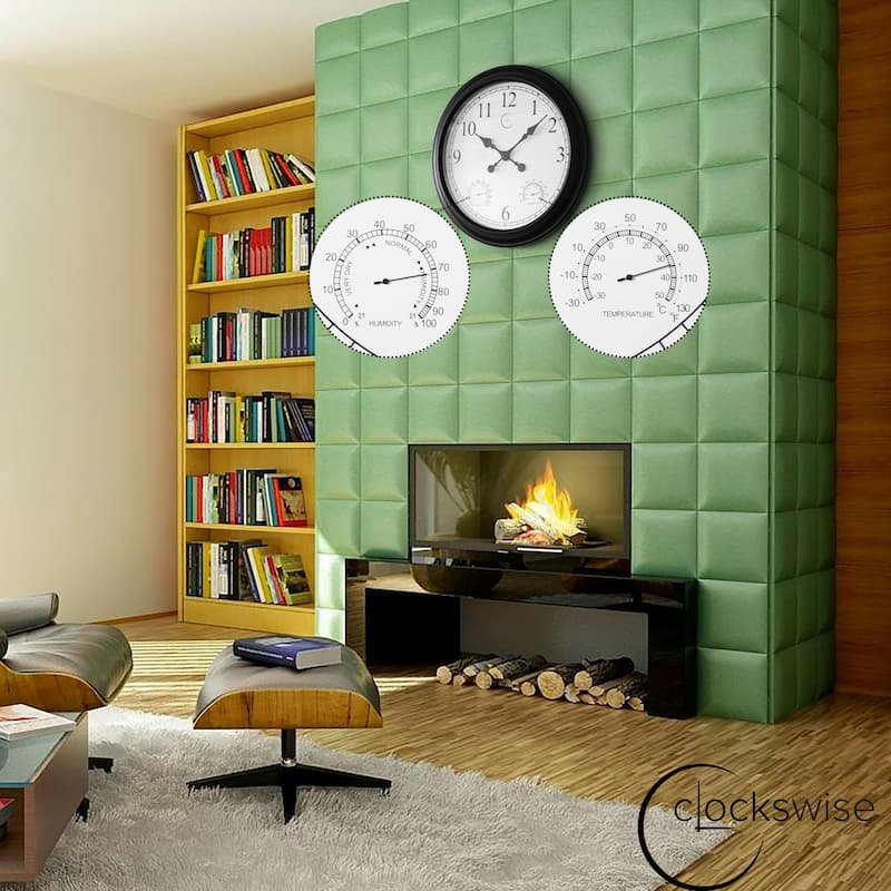 Large Outdoor Wall Clock Thermometer Combo, Waterproof Silent Garden Weather Station Home Indoor Patio Pool Black