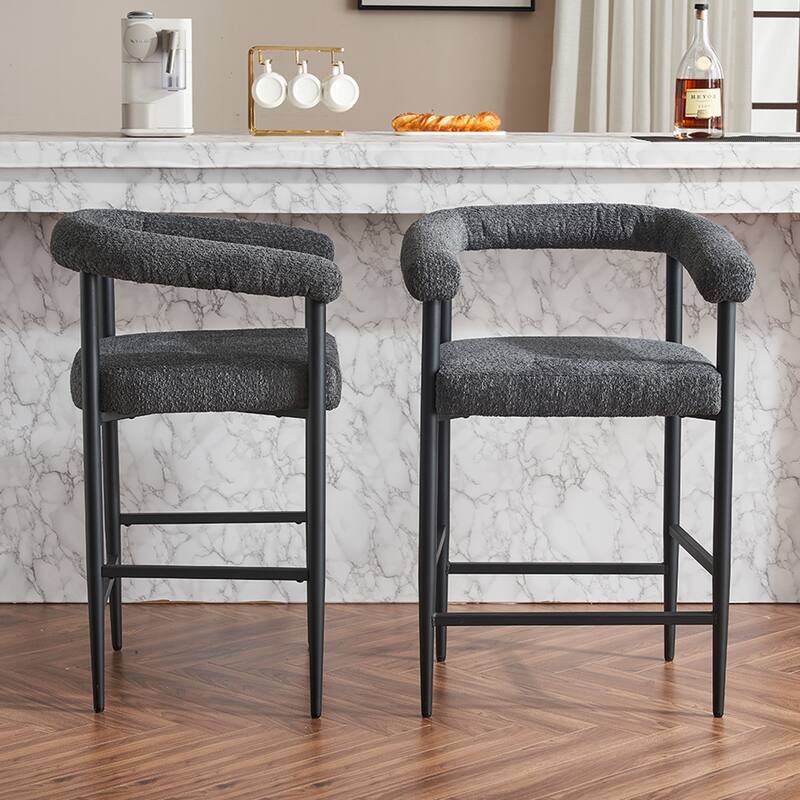 Upholstered Bar Stools, Fabric Counter Height Chairs with Metal Frame & Armrests Kitchen Island Bar Chairs Set of 2