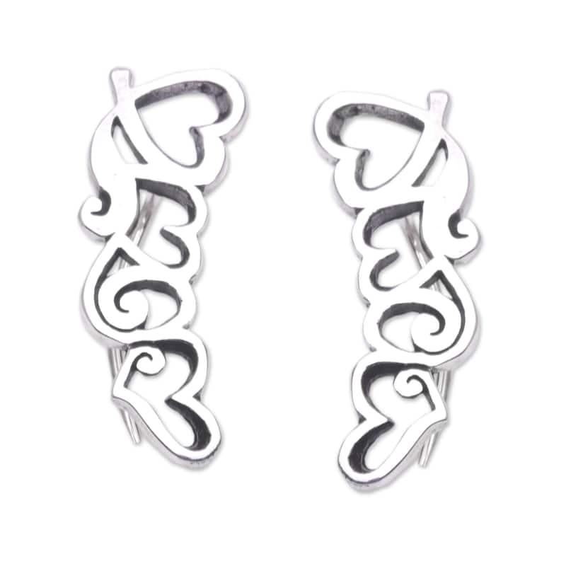 Novica Handmade Climbing Hearts Sterling Silver Ear Climber Earrings