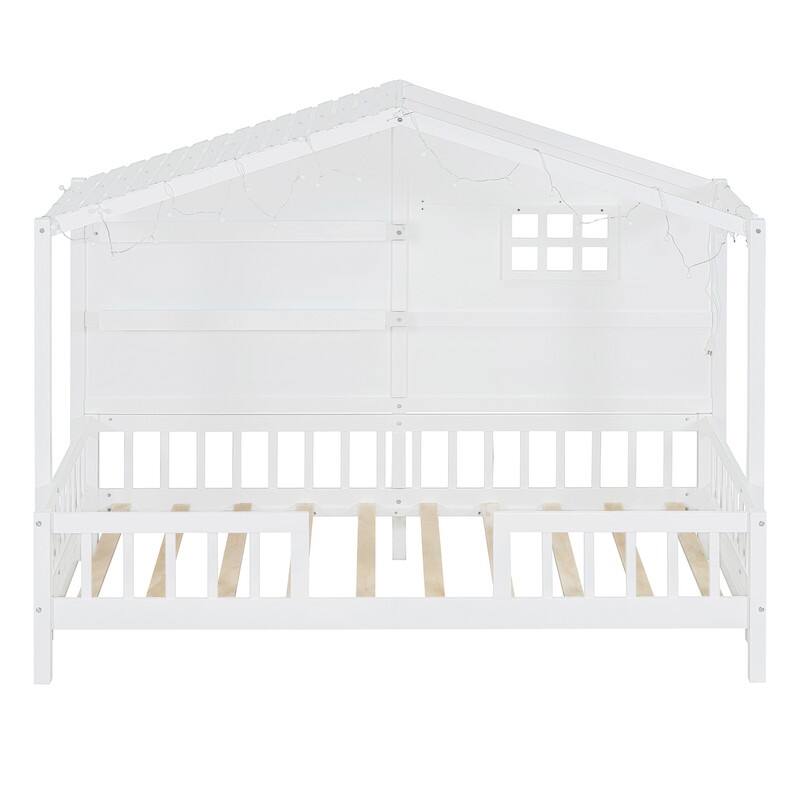 Twin Size House Bed with Shelves, House Bed with Window and Sparkling Light Strip on the Roof