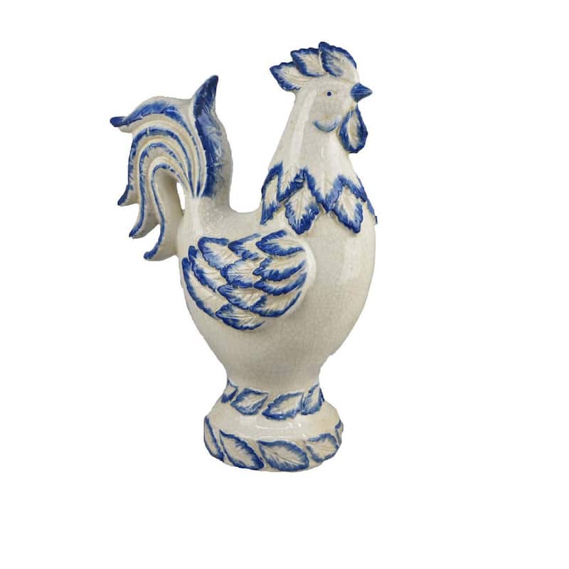 Modern Tabletop Decor Rooster Figurine, 16 Inch Blue White Ceramic