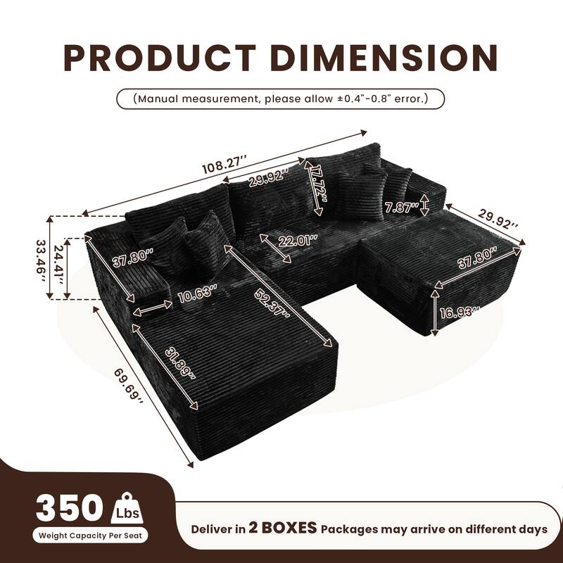 HOOOWOOO Modern Plush Corduroy L-shaped Sofa Chaise Lounge with Ottoman