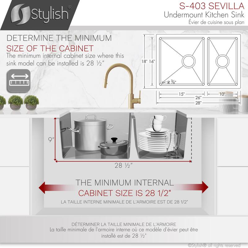 Undermount 28" Stainless Steel Double Bowl Kitchen Sink Handmade - 28" x 18" x 9"