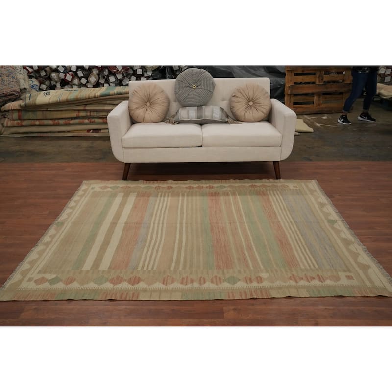 Hand Woven Oriental 100% Wool Carpet Southwestern Tribal Multi-Colored Kilim Area Rug - 6' 10'' X 5' 2''