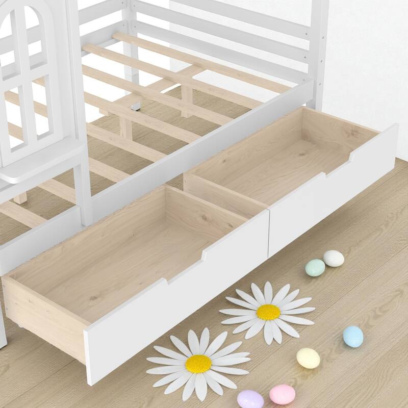 Twin/Full Size Wooden House Bed with Drawers and Shelves, Kids Platform Bed Frame with Window Roof Design