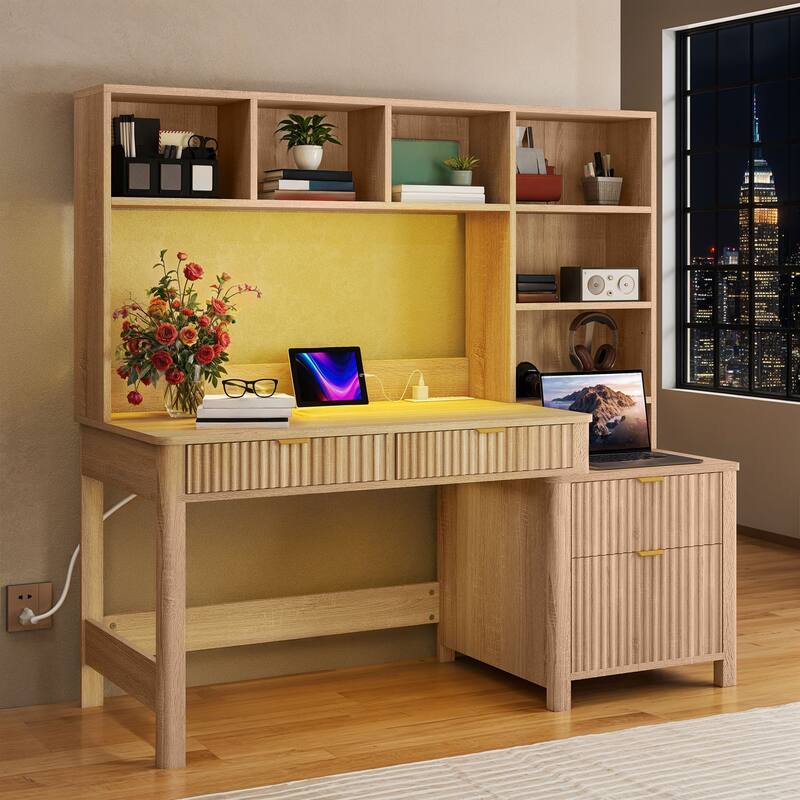 Moasis L Shaped Computer Desk with Hutch and Drawers Home Office Desk w/LED Light and Power Outlets - Oak - 55"