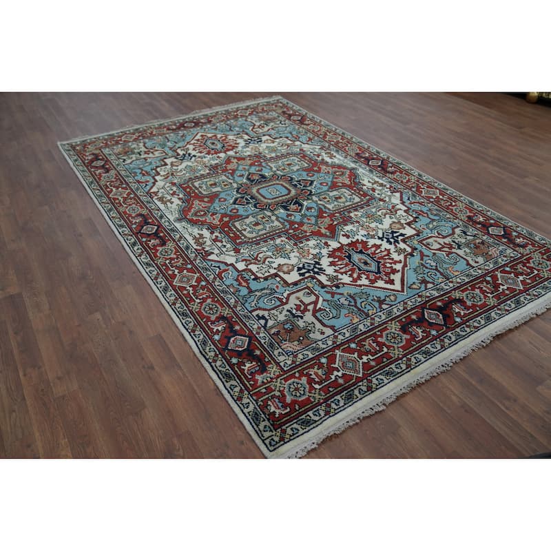Beige Heriz Serapi Indian Rug Hand-Knotted Oriental Wool Carpet - 5'11" x 8'11"