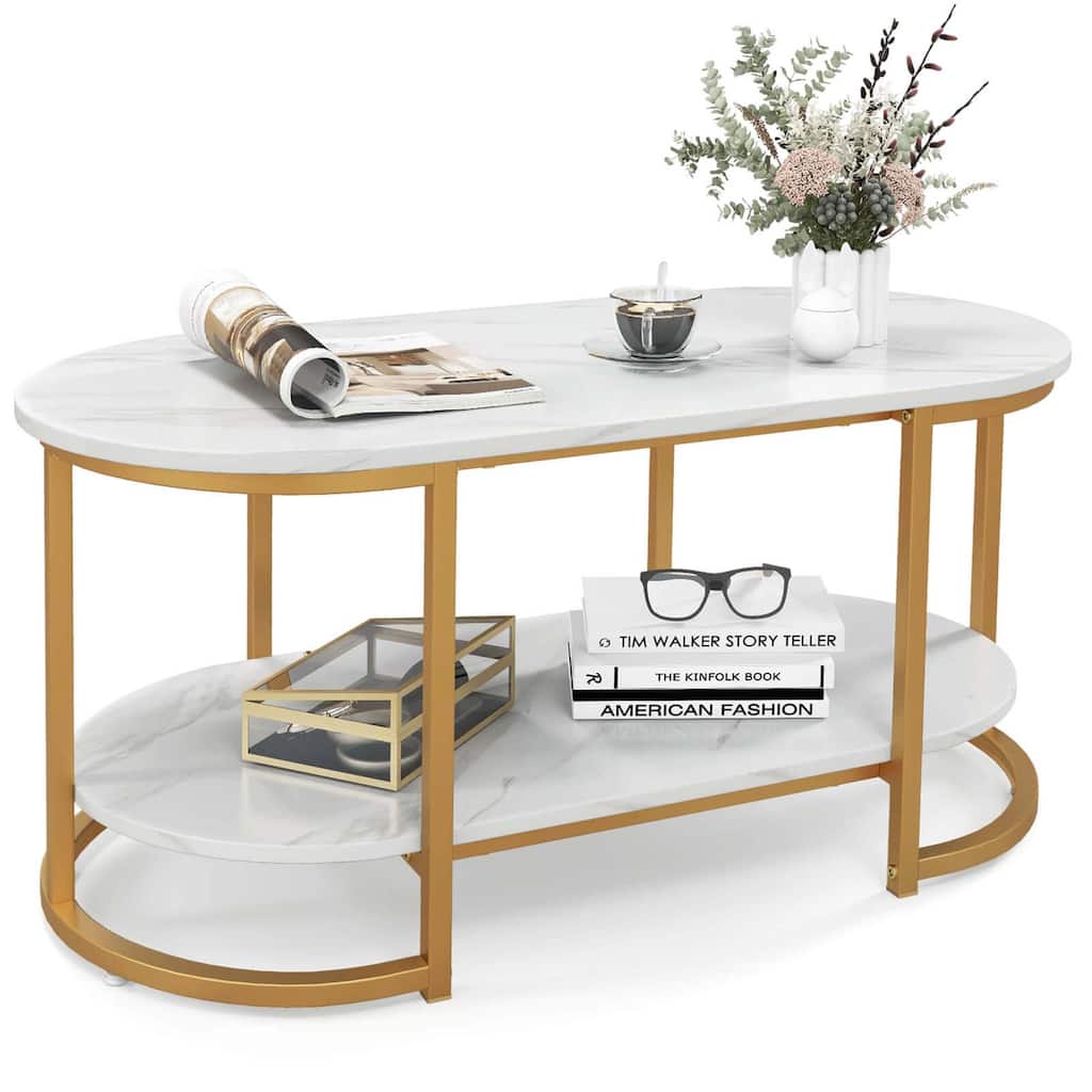 Costway White Marble Coffee Table Modern 2-Tier Center Table with - See Details