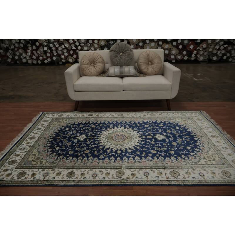 Hand Knotted Oriental Silk Carpet Traditional Floral Navy Blue & Blues Kashmar Area Rug - 7' 10'' X 5' 0''