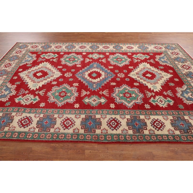 Geometric Red Kazak Oriental Area Rug Handmade Living Room Wool Carpet - 6'8" x 9'11"
