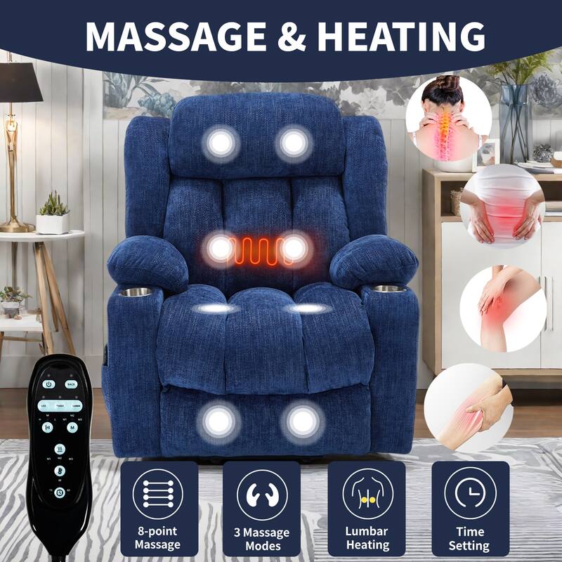 Power Lift Recliner with Massage, Heat, USB & Type-C Charging Ports, Stainless Steel Cup Holders