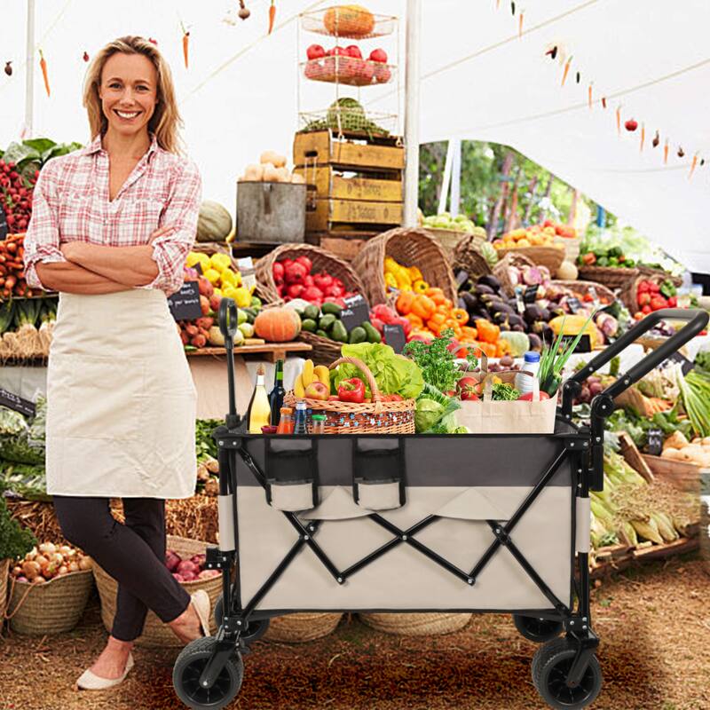 Multi-Functional Push-Pull Folding Wagon - Rotating Handle & 360° Wheels Heavy-Duty Cart, Khaki & Gray