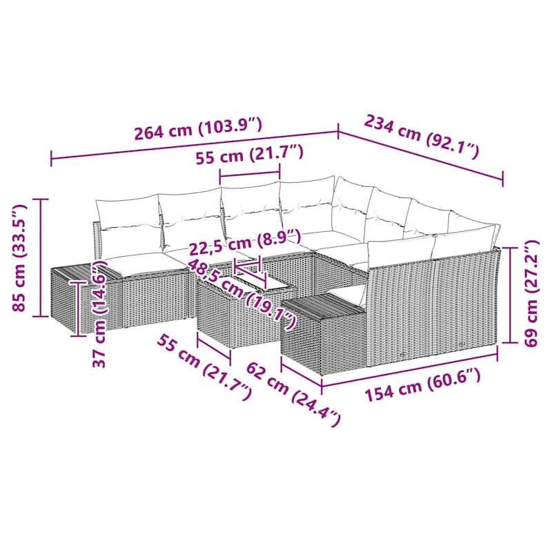 vidaXL 9 Piece Garden Sofa Set with Cushions - 103.9×92.1×27.2