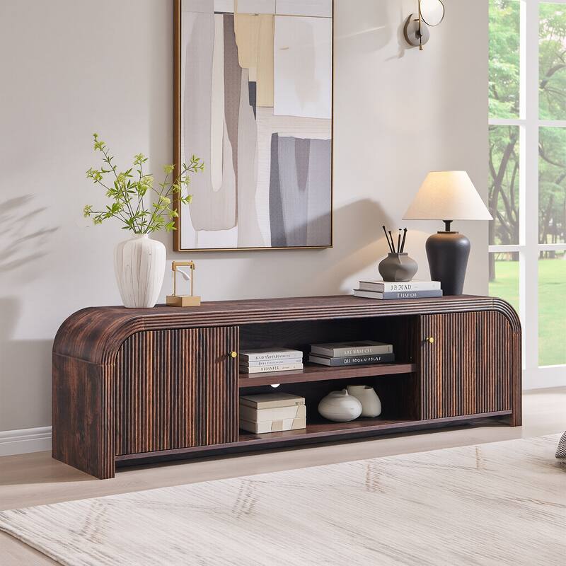 Modern Fluted TV Stand for 80" TV, Media Console, Entertainment Center - Walnut