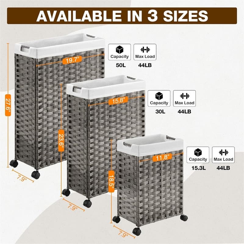 Laundry Hamper with Wheels - 19.7"L x 7.9"W x 27.6"H