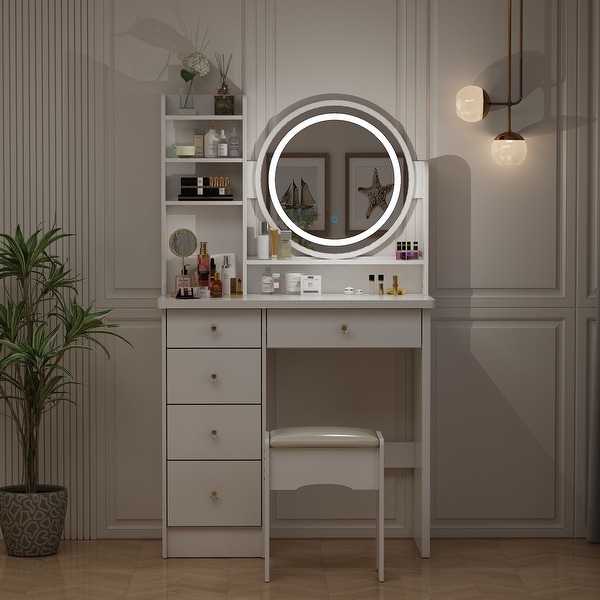FUFU GAGA Makeup Vanity Dressing Table Set with Touch Screen Mirror Stool White