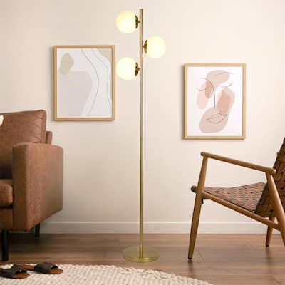 Lightweight gold floor lamp, opal glass shade and round metal base - Clear,Gold