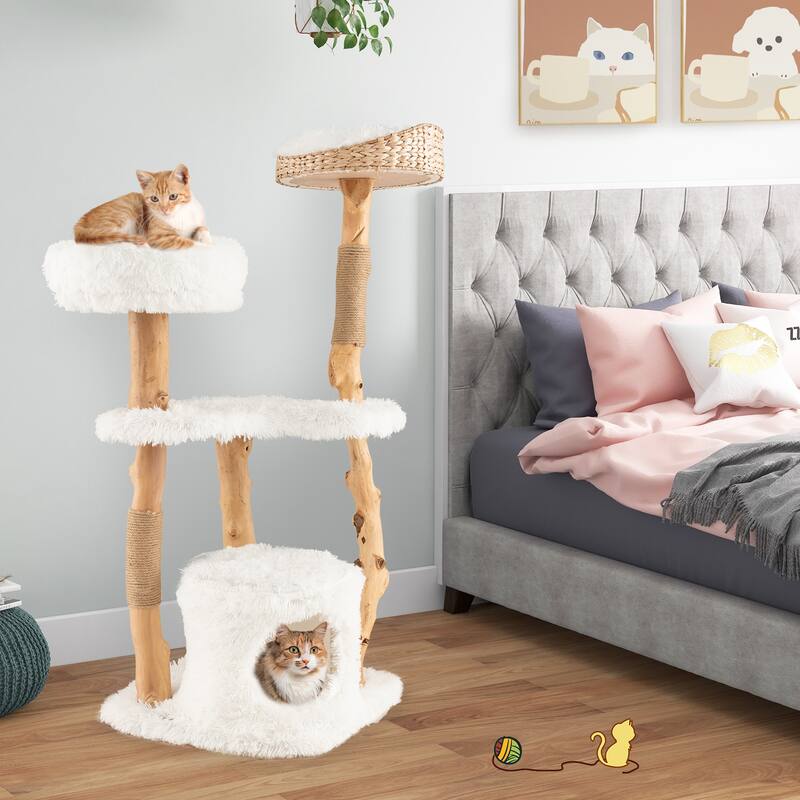Solid Wood Cat Tower with Top Cattail Basket Cat Bed for Indoor Cats-White - Natural-White - 19" x 19" x 49"