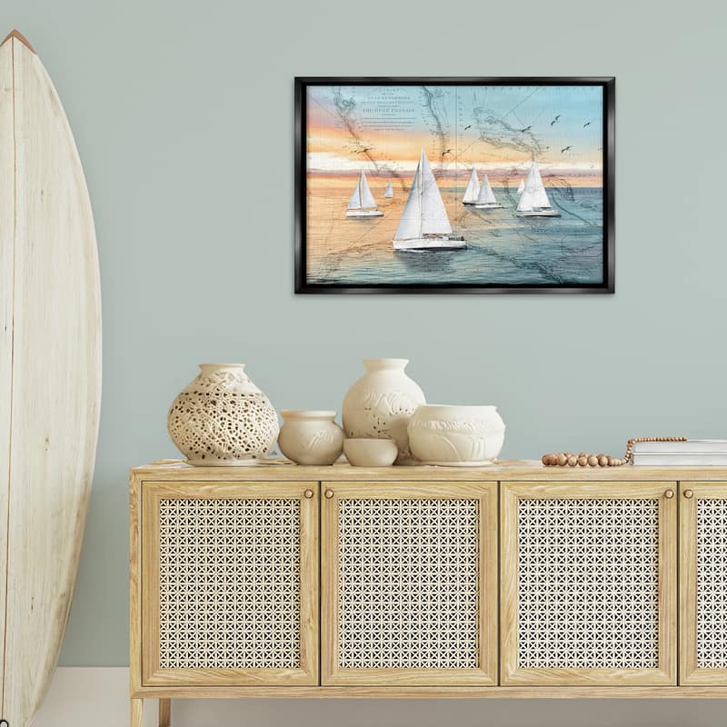 Stupell Nautical Ships & Vintage Map Framed Floater Canvas Wall Art Design By Amber Sterling