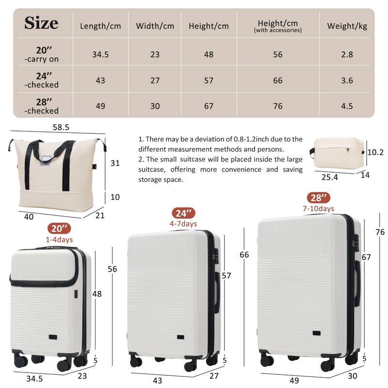 Luggage Sets 5 Piece with Half-opening, Hardside Carry On Suitcase Set with Double Spinner Wheel, with USB Port,TSA Locks