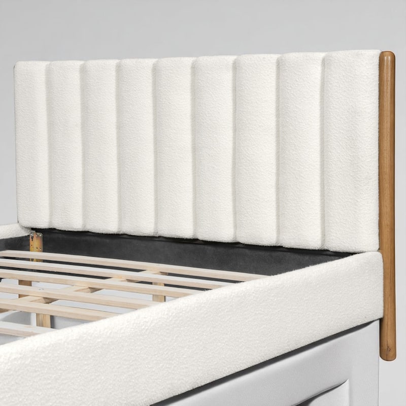 Queen/King Size Boucle Upholstered Platform Bed Frame with Solid Wood Legs and Padded Headboard, White