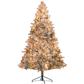 7.5ft Flocked Christmas Tree with 500 Lights, Snowy Tips and Metal Stand