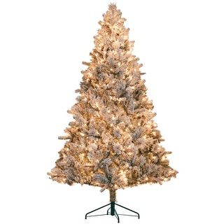 7.5ft Flocked Christmas Tree with 500 Lights, Snowy Tips and Metal Stand