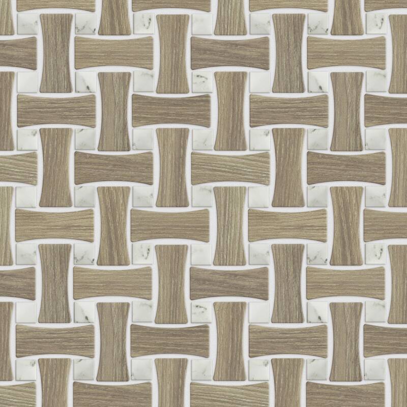 Merola Tile Llama Dog Bone Basketweave Noce/Calacatta Dot 10" x 10" Porcelain Mosaic Floor and Wall Tile